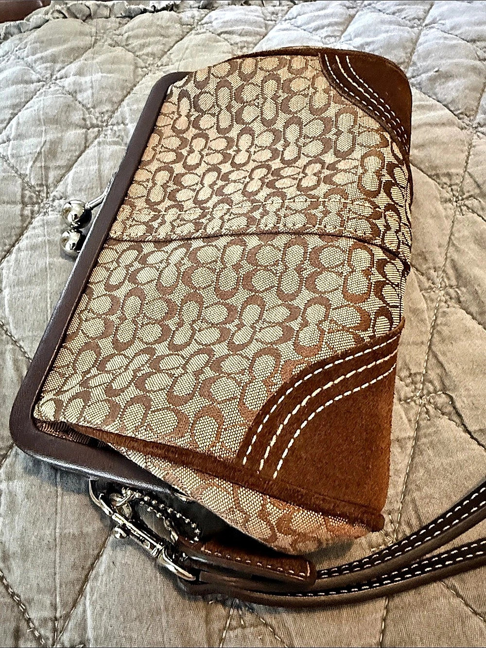 Coach Kisslock Frame Bag 27 in Signature Jacquard / Suede Brown Wristlet